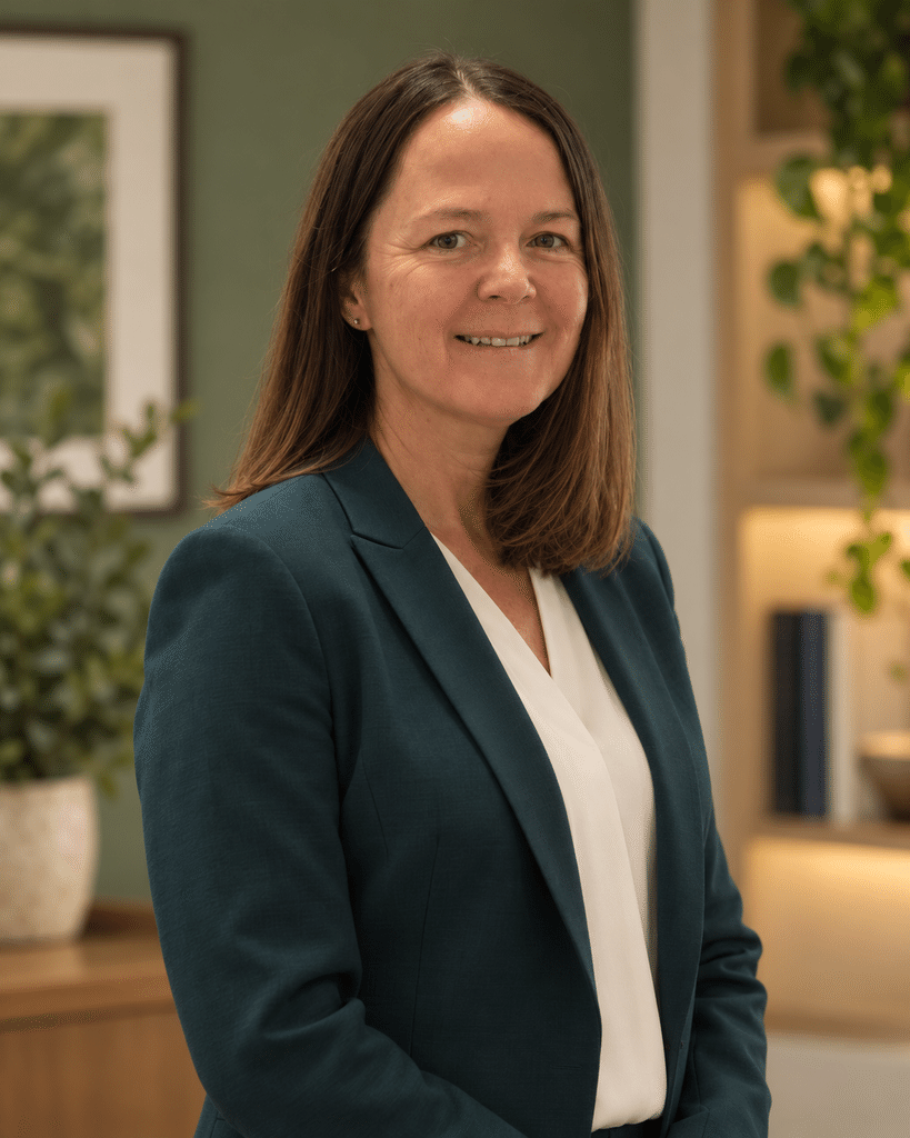 Close professional portrait of Karen Yeates in a teal suit.