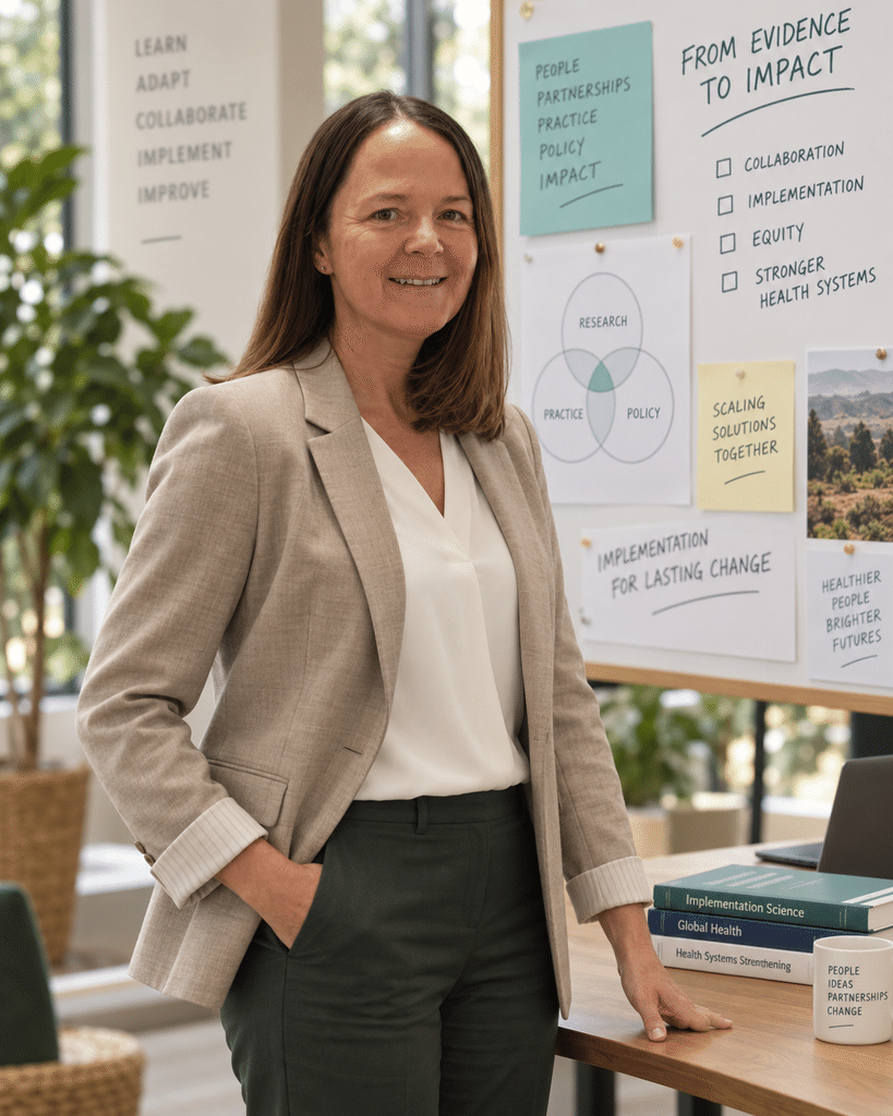 Karen Yeates in a beige blazer beside an implementation-science vision board.